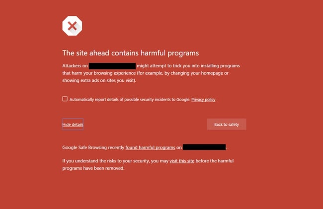 Google warning page explaining that the website has been blacklisted for containing harmful programs