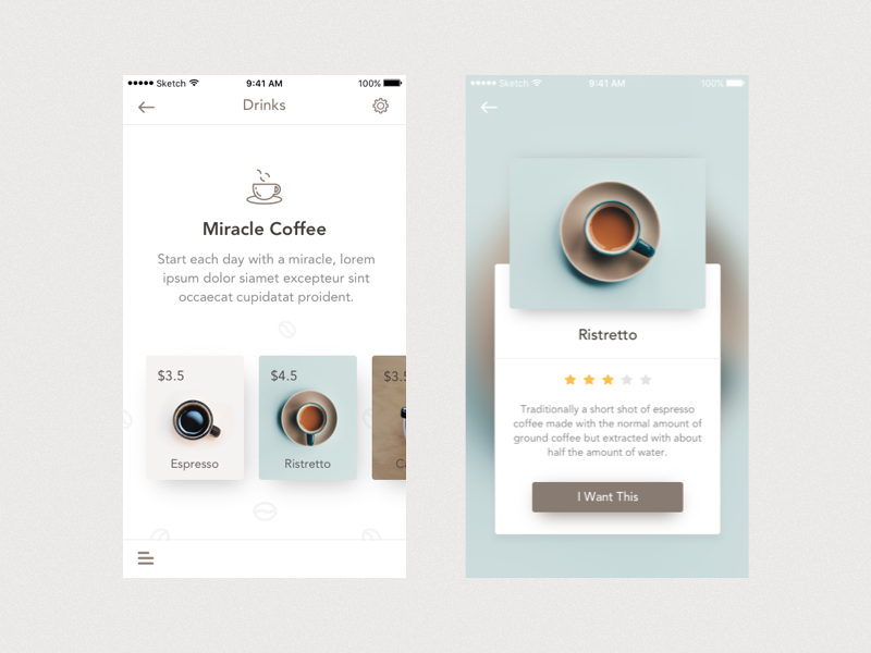 UX project showing redesigned drink menu for Miracle Coffee shop