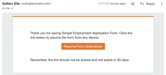Email inviting user to resume form submission via WPForms plugin