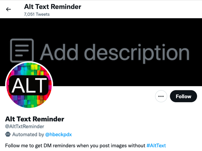 Alt Text Reminder Twitter bot is progrmmed to DM reminders to add image alt text to its followers