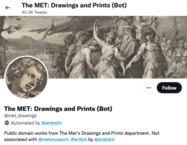 The MET Twitter bot landing page with bot label