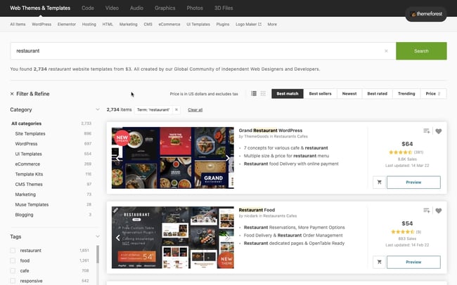Over 2000 restaurant themes available in the ThemeForest marketplace