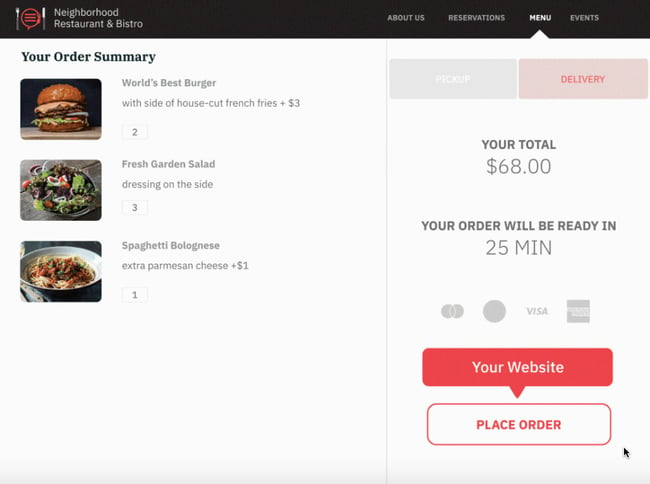 User placing an order for delivery on restaurant website via Popmenu's online ordering system