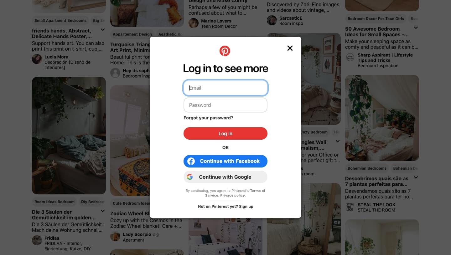Lightbox popup on Pinterest telling user to sign in or create an account