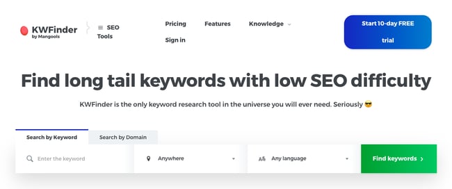 product page for the long tail keyword tool kwfinder