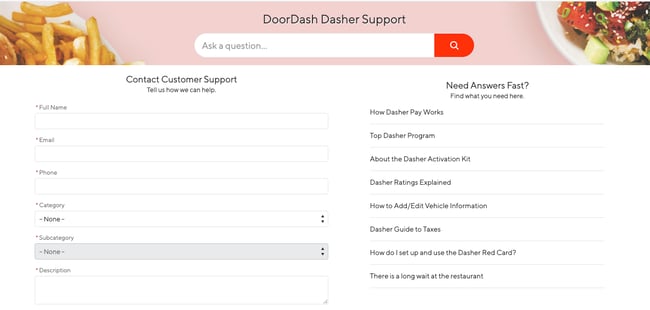 feedback form example from doordash
