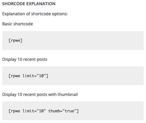 Options for configuring the shortcode that comes with the WordPress Recent Posts Widget Extended Plugin
