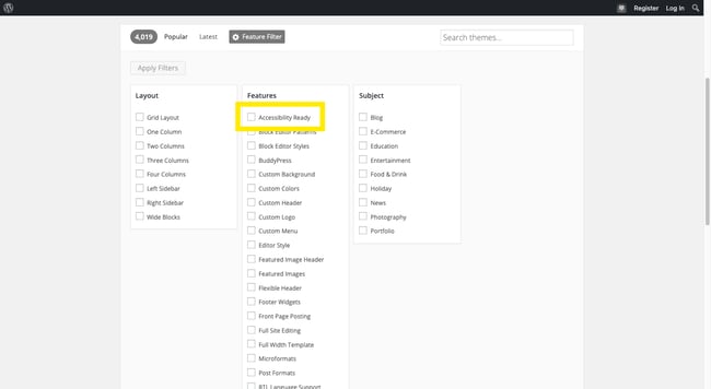 Accessibility Ready is filter option in WordPress theme directory