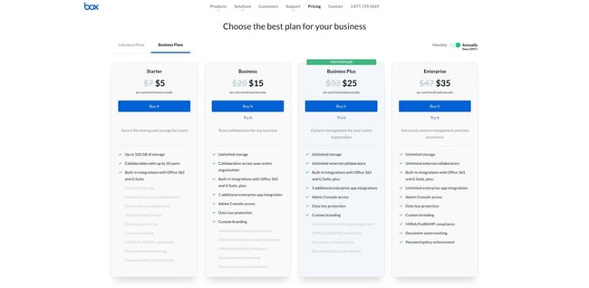 pricing page for Box.com