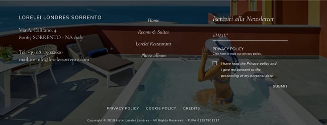 website footer examples: Lorelei Londres Sorrento Hotel uses image background of guest relaxing in footer section