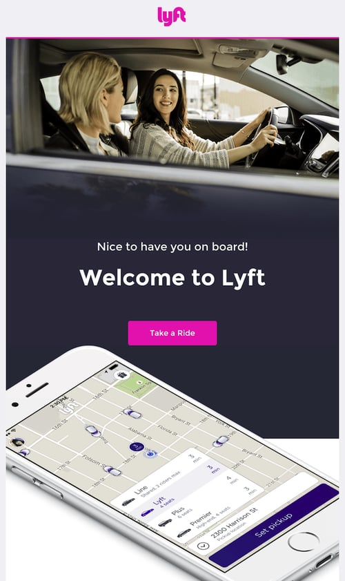 Lyft welcome email with pink CTA to get started