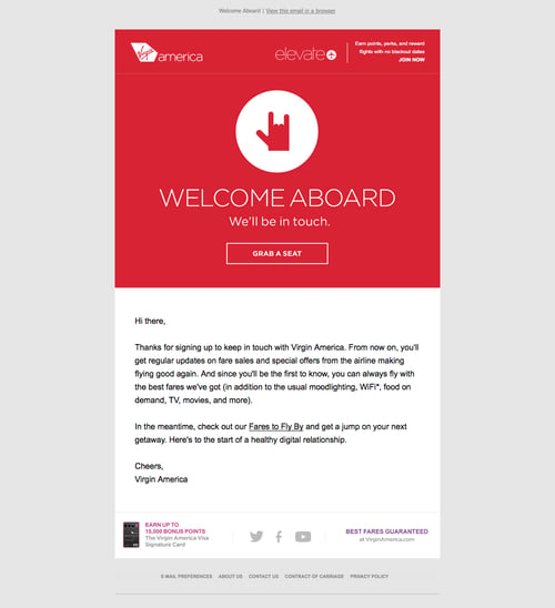 Virgin America welcome email with a red CTA to get started