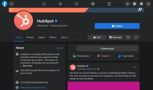 skeleton screen example: fully rendered hubspot facebook page