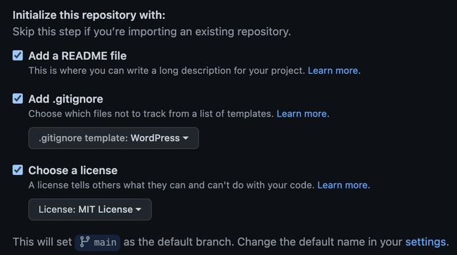the repository setup option screen in github