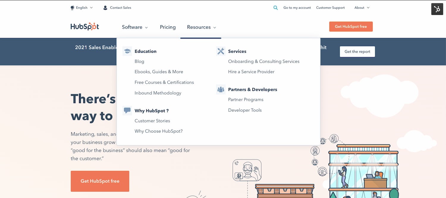 HubSpot's homepage follows the principle of focused navigation