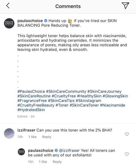 paula's choice replying to follower instagram comment