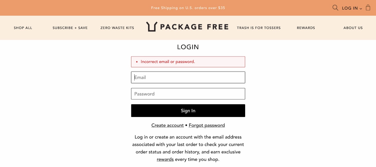 Error message on Package Free Shop's login page demonstrates UI design principe of enabling users to resolve errors