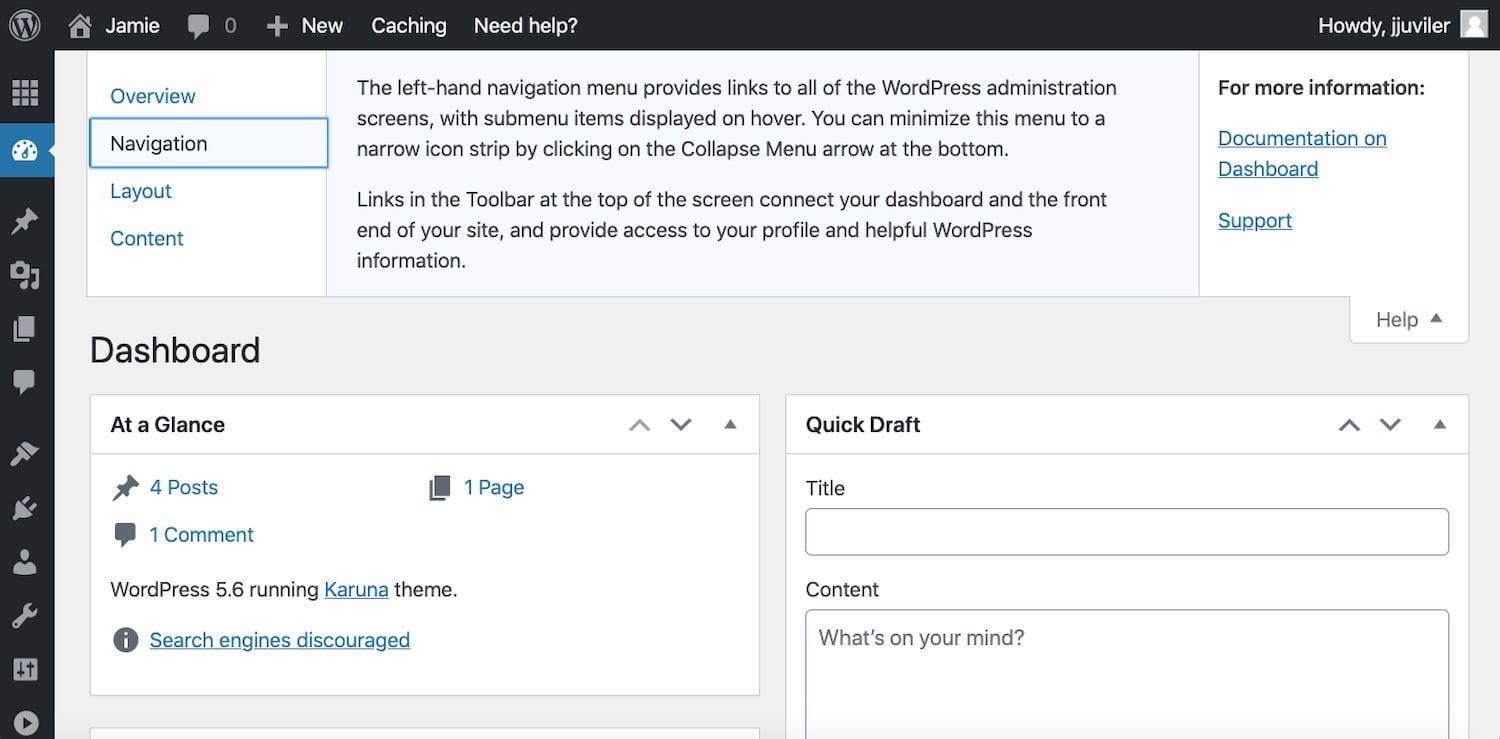 WordPress dashboard's help tab demonstrates UI design principle of designing for multiple types of users