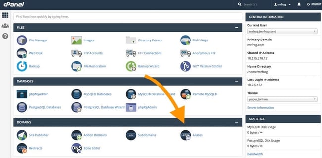 the cpanel dashboard with an arrow pointing to the aliases button
