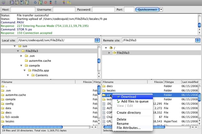 interface for the ftp client filezilla