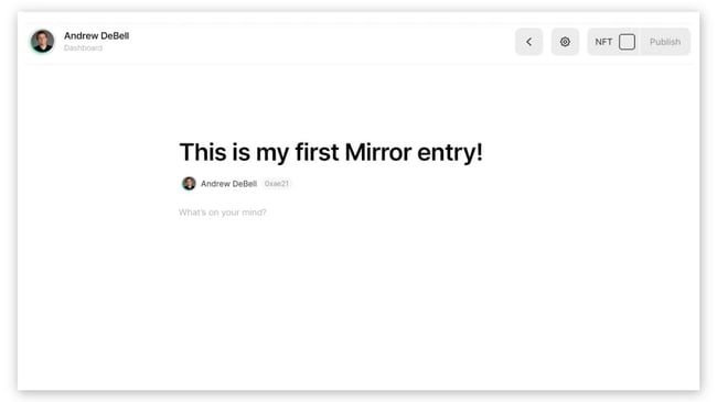 Mirror editor with option to mint blog post as NFT and publish