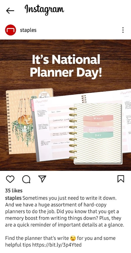 Staples promotional Instagram post for National Planner Day.