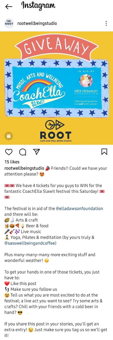 An Instagram post by Root Wellbeing Studio asking people to enter a contest.
