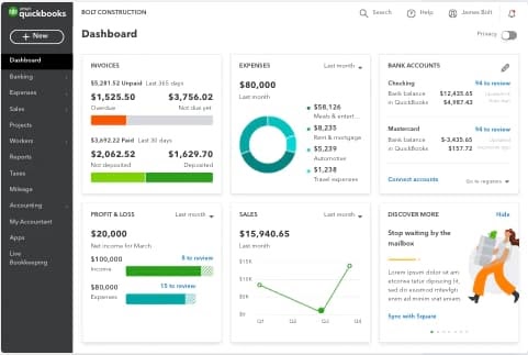 Quickbooks accounting software dashboard