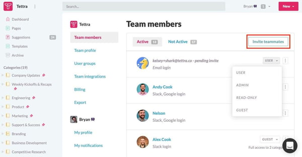 Invite team members button outlined in red in Tettra