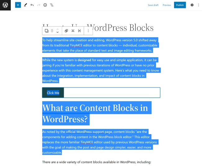 Paragraph, content, and heading blocks selected in Gutenberg editor