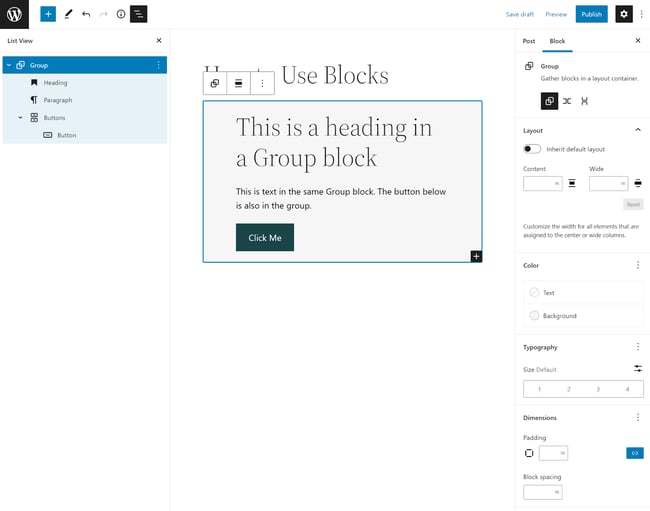 Group block made up of heading, paragraph, button in gutenberg editor