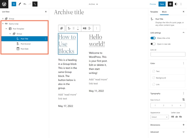 Customizing Query loop block in archives template with list view in Gutenberg