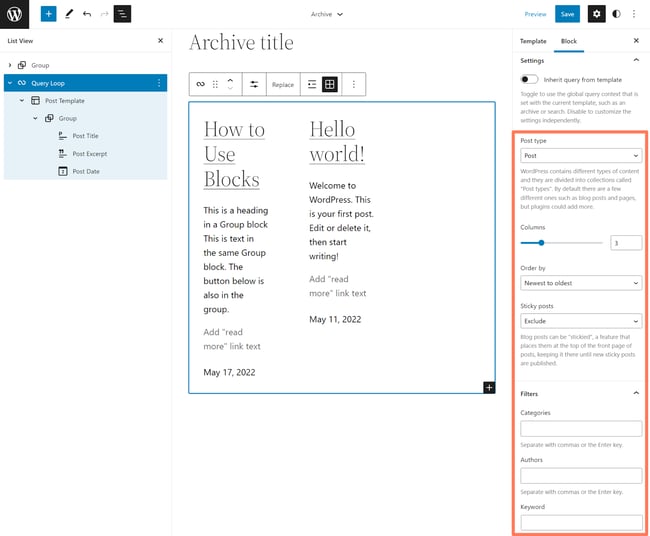 Configuring query block settings to control what posts are displayed on Archives template