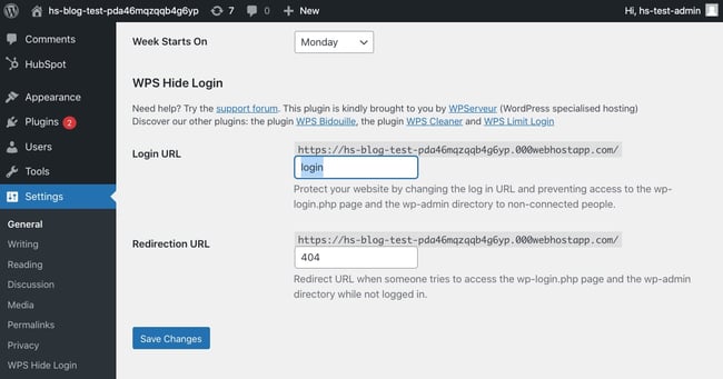 WordPress login URL in WPS Hide Login settings