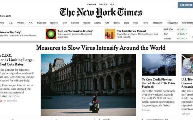 أمثلة على مواقع ووردبرس: الصفحة الرئيسية لنيويورك تايمز على ووردبريس