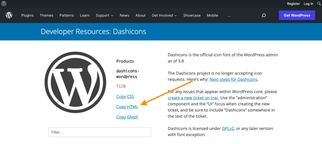 Copy HTML for WordPress icon from dashicons library