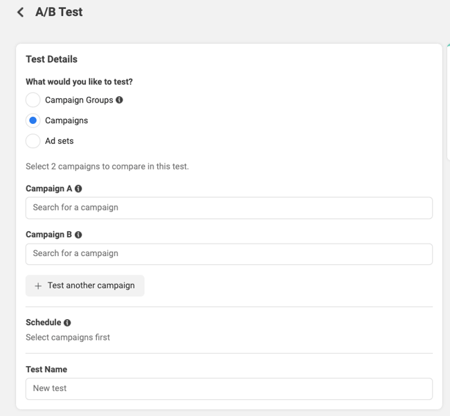 a/b testing on facebook: test settings on experiments