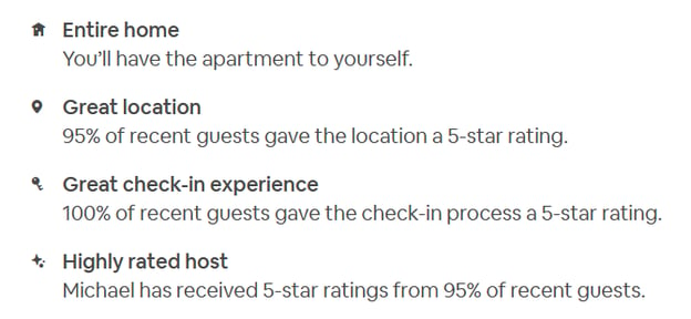 Airbnb apartment listing with icons