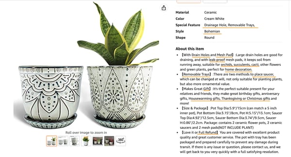  amazon marketing, product descriptions of a potted plant