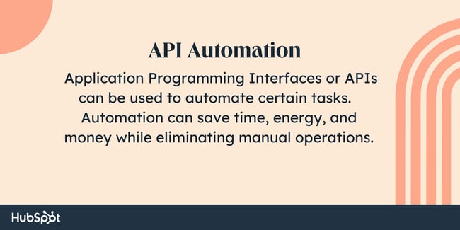 API automation, Application Programming Interfaces or APIs can be used to automate certain tasks. Automation can save time, energy, and money while eliminating manual operations.