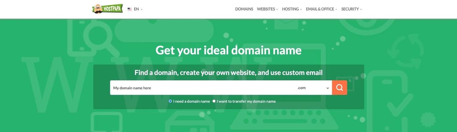 search page for the domain registrar hostpapa