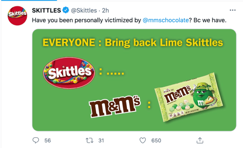 El divertido tweet de Skittle, '¿alguna vez has sido personalmente víctima del chocolate M&Ms?'