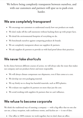 Brand voice example of A Good Company's Values page