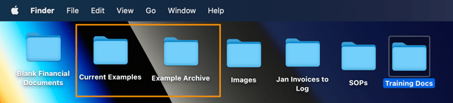 clean desktop, neatly organized folders labeled “current examples” and “example archive”