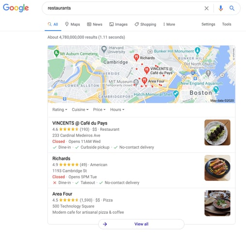example of google maps local 3-pack for restaurant query