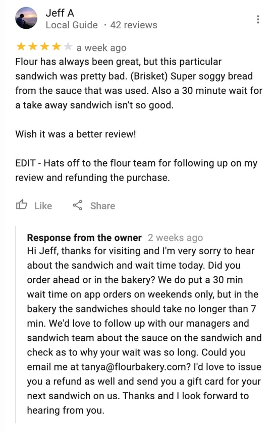 business replying to google maps customer reviews example