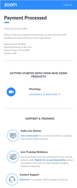 Screenshot of Zoom’s email confirmation showing 3 core elements: payment details, getting started, and support.