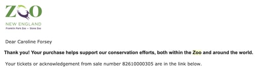 Email confirmation example from Franklin Park Zoo.