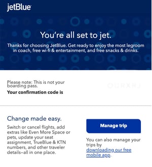 Email confirmation example from JetBlue.