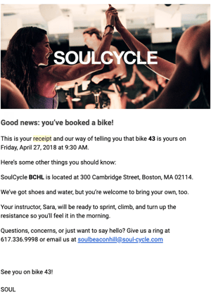 Email confirmation example from SoulCycle.